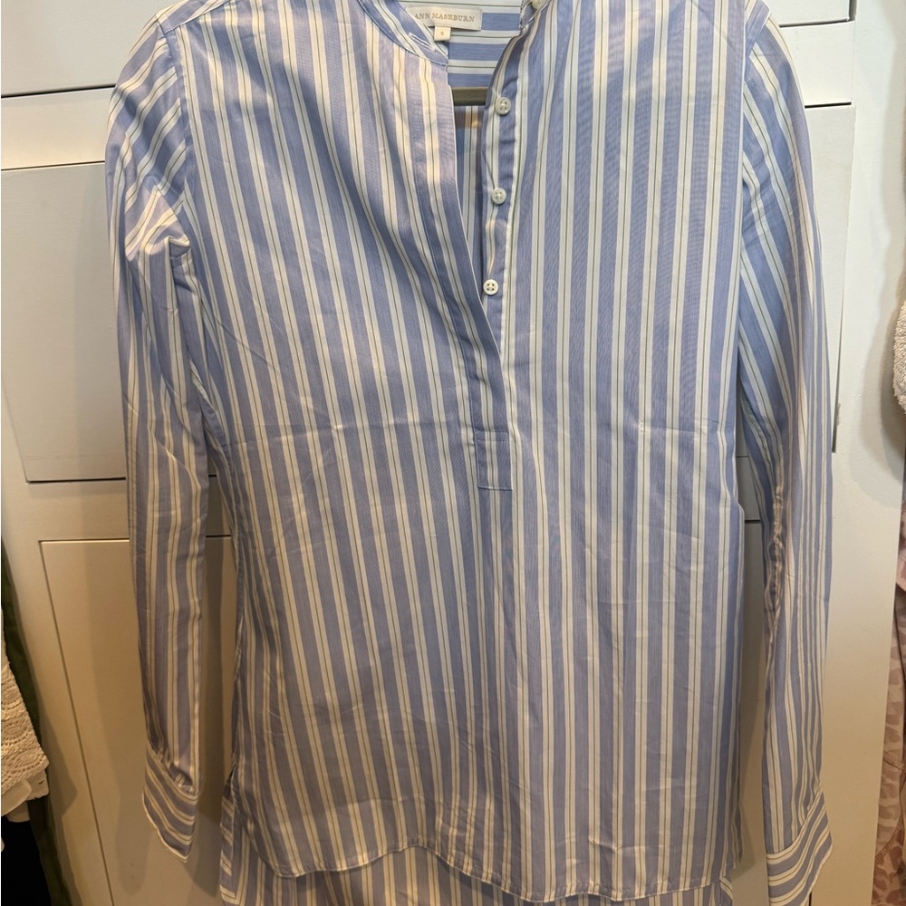 Ann Mashburn Blue & White Striped tunic Shirt - Classic Collarless Design